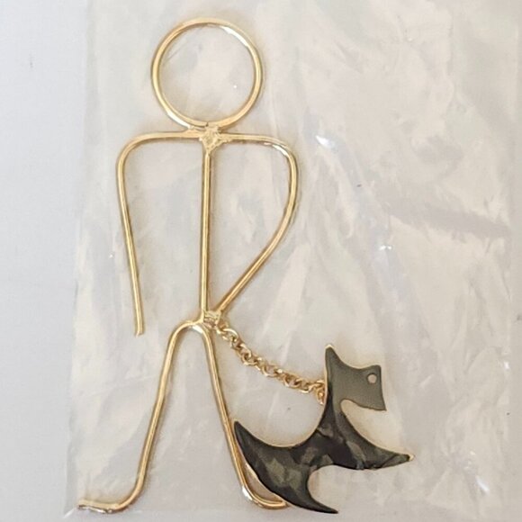 UNIQUE METAL Stick Figure Art Man Walking Scottie Dog Gold Tone - Picture 1 of 2
